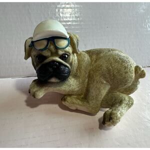 LuxenHome Pug Puppy Dog Resin Statue Wearing Baseball Cap and Glasses